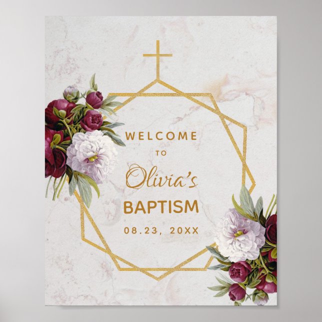 Girl Baptism Burgundy Peonies Marble Gold Welcome Poster (Front)