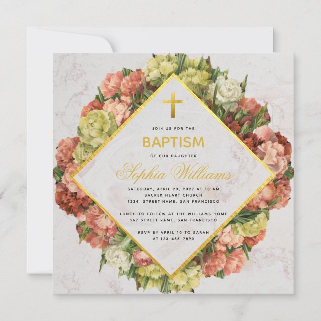 Girl Baptism Carnations Gold Marble Calligraphy Invitation (Front)