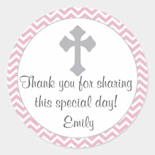Girl Baptism Christening Favour Label Pink Silver (Front)