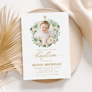 Girl Baptism Christening Floral Photo Invitation