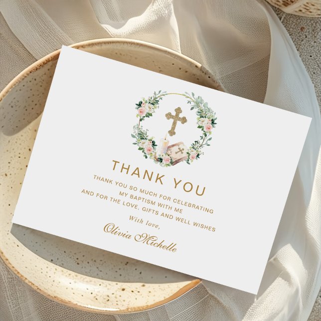 Girl Baptism Christening Floral Photo Thank You Card (Creator Uploaded)