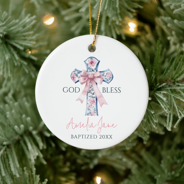 Girl Baptism Cross Bow Keepsake God Bless Custom Ceramic Ornament (Tree)