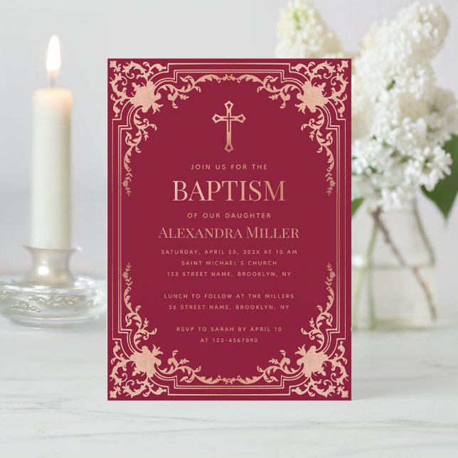 Girl Baptism Deep Red Pink Rose Gold Cross Vintage Invitation (Creator Uploaded)