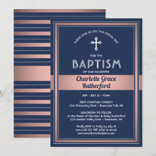 Girl Baptism Elegant Navy Blue Pink Rose Gold Invitation