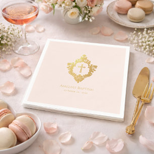 Girl Baptism Elegant Pink Gold Cross Vintage Crest Napkin