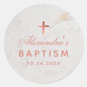 Girl Baptism Faux Rose Gold Marble Elegant Script Classic Round Sticker