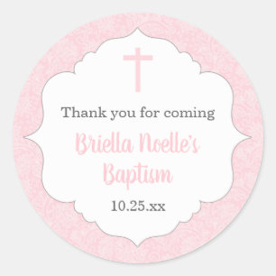 Girl baptism favour idea pink damask classic classic round sticker