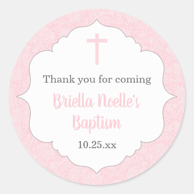 Girl baptism favour idea | pink damask classic round sticker (Front)
