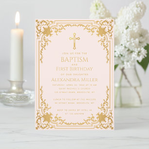 Girl Baptism First Birthday Vintage Pink Faux Gold Invitation