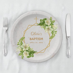 Girl Baptism Floral Lilies Gold Marble Geometric Paper Plate