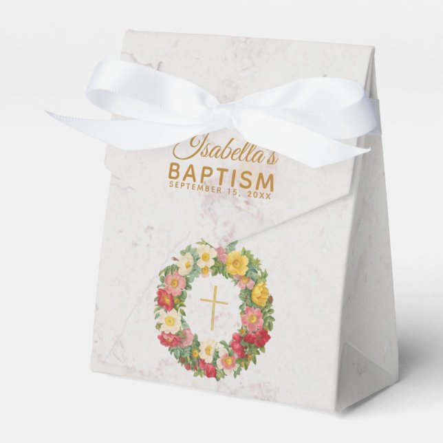 Girl Baptism Floral Marble Gold Cross Rose Wreath Favor Box (Front Side)