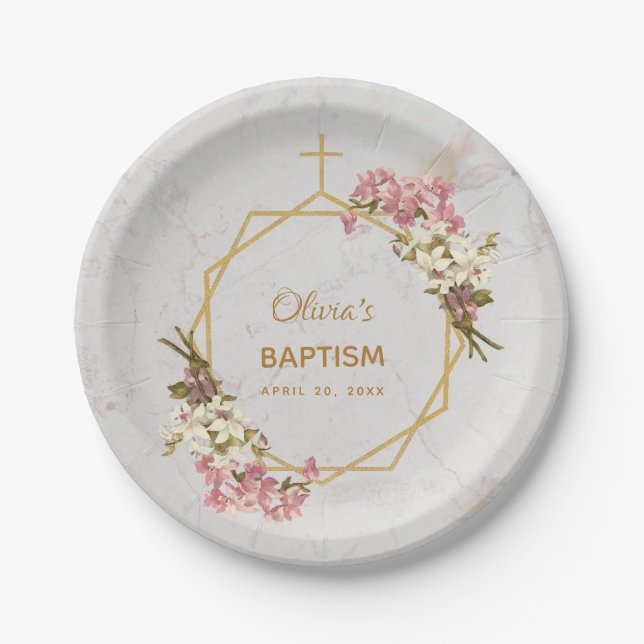 Girl Baptism Floral Orchids Gold Marble Geometric Paper Plate (Front)