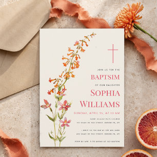 Girl Baptism Floral Watercolor Wildflowers Invitation