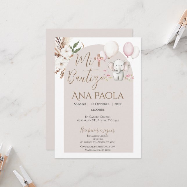 Girl Baptism Invitation in Spanish Boho (Front/Back In Situ)