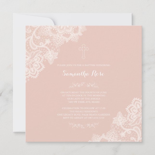 Girl Baptism Invitation Pink Lace (Front)