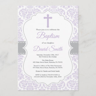 Girl Baptism Invitation Purple and Grey Damask