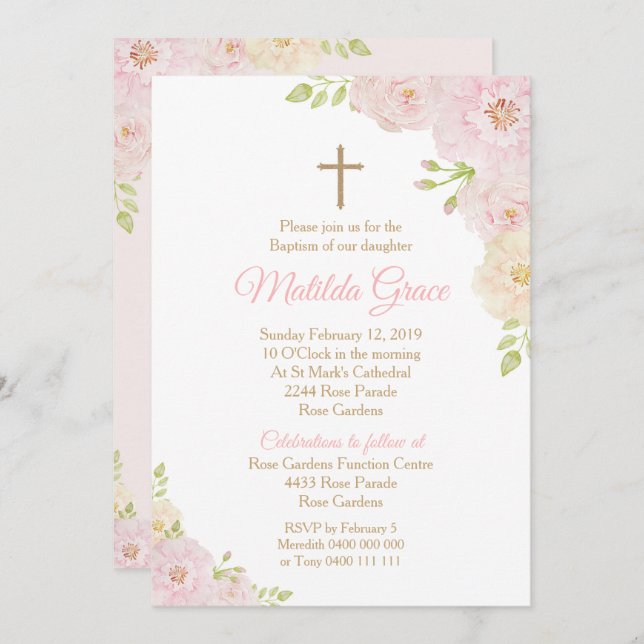Girl Baptism Invitation Rose Baptism Invitation (Front/Back)