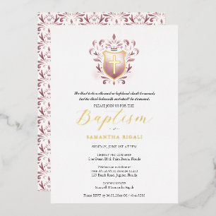Girl Baptism Invitations Dusty Rose Crest