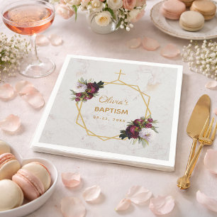 Girl Baptism Marble Gold Burgundy Peonies Floral Napkin
