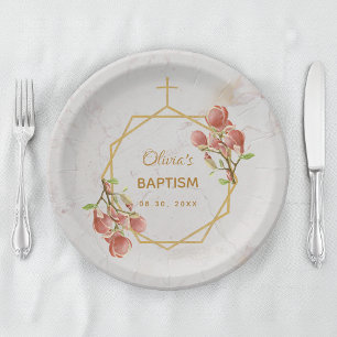 Girl Baptism Marble Gold Pink Magnolia Geometric Paper Plate
