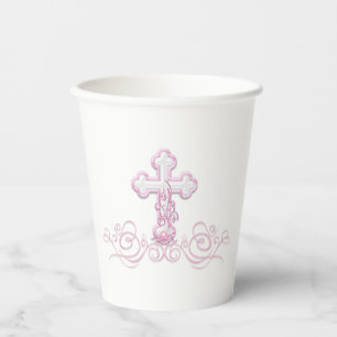 Girl Baptism Paper Cups with Pink Cross