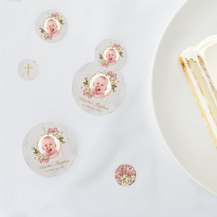 Girl Baptism Photo Floral Marble Gold Pink Orchid  Confetti
