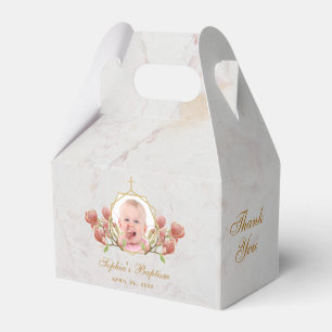 Girl Baptism Photo Marble Pink Magnolia Floral Favor Box