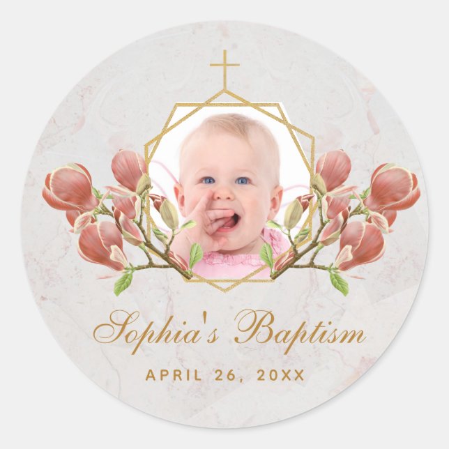 Girl Baptism Photo Pink Magnolia Floral Geometric Classic Round Sticker (Front)