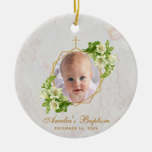 Girl Baptism Photo White Lilies Marble Gold Floral Ceramic Ornament