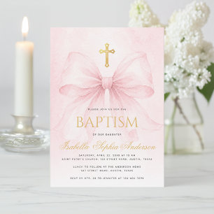 Girl Baptism Pink Bow Faux Gold Cross Watercolor Invitation