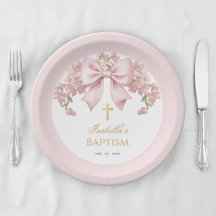 Girl Baptism Pink Bow Floral & Gold Cross