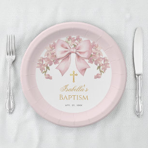 Girl Baptism Pink Bow Floral & Gold Cross Paper Plate