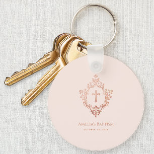 Girl Baptism Pink Cross in Crest Vintage Rose Gold Keychain
