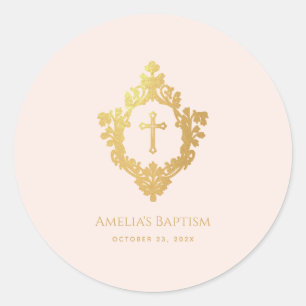 Girl Baptism Pink Elegant Faux Gold Vintage Crest Classic Round Sticker