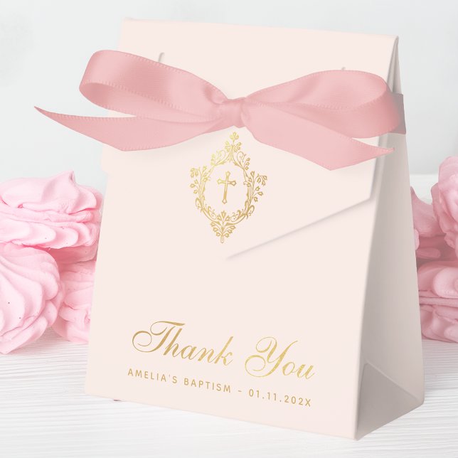Girl Baptism Pink Faux Gold Cross Crest Thank You Favor Box (Creator Uploaded)