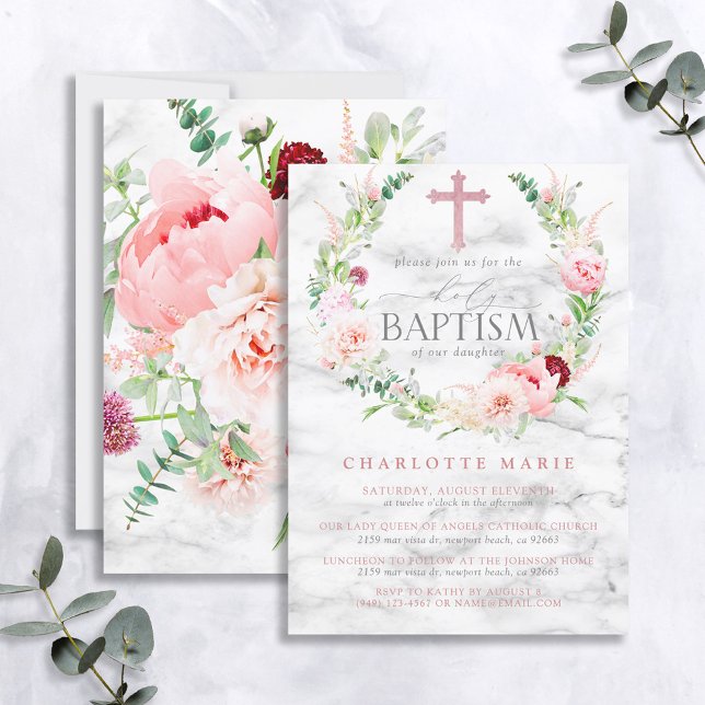 Girl Baptism Pink Roses Marble Cross Elegant Invitation (Creator Uploaded)
