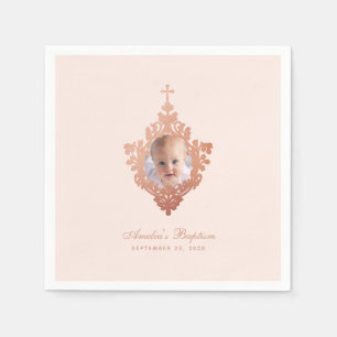 Girl Baptism Rose Gold Photo Vintage Elegant Blush Napkin