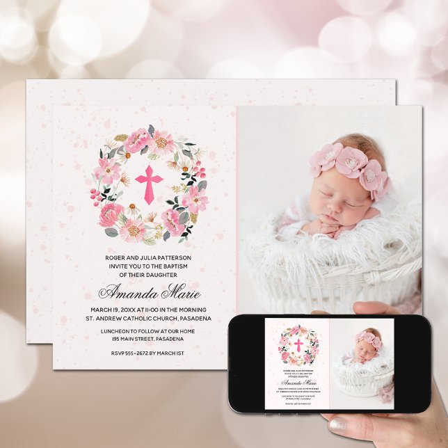 Girl Baptism Watercolor Pink Floral Invitation (Creator Uploaded)