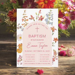 Girl Baptism Wildflowers Pink Arch Christening  Invitation