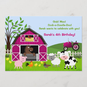 Girl Barnyard Farm Animals Birthday Invitations