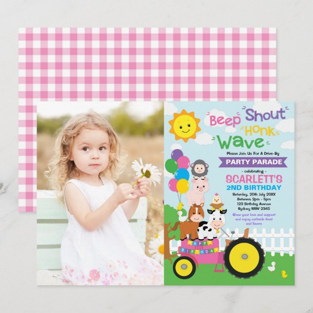 Girl Barnyard Farm Drive By Birthday Party Parade Invitation (Front/Back)