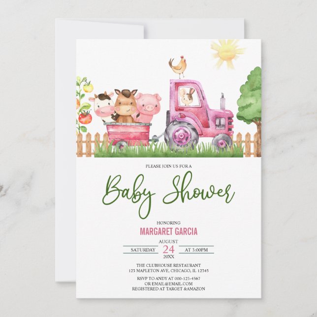 Girl Barnyard Pink Farm Animals Baby Shower Invitation (Front)