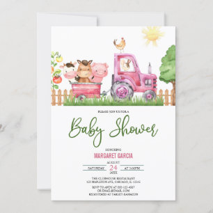 Girl Barnyard Pink Farm Animals Baby Shower Invitation