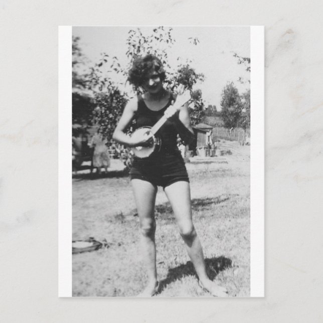 Girl bathing suit beauty playing banjo 1920's postcard (Front)