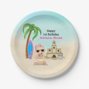 Girl Beach Baby Sandcastle, Surfboard 1st Birthday Paper Plate