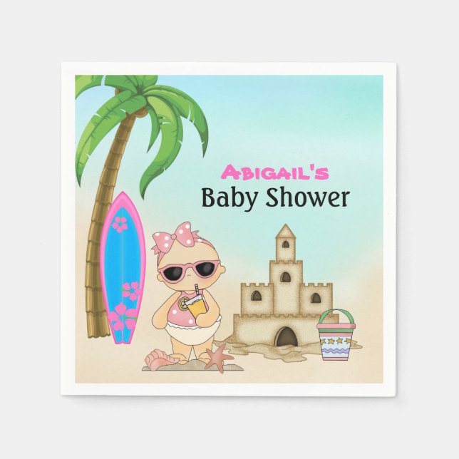 Girl Beach Baby Sandcastle, Surfboard Baby Shower Napkin (Front)