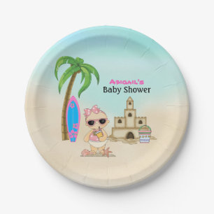 Girl Beach Baby Sandcastle, Surfboard Baby Shower Paper Plate