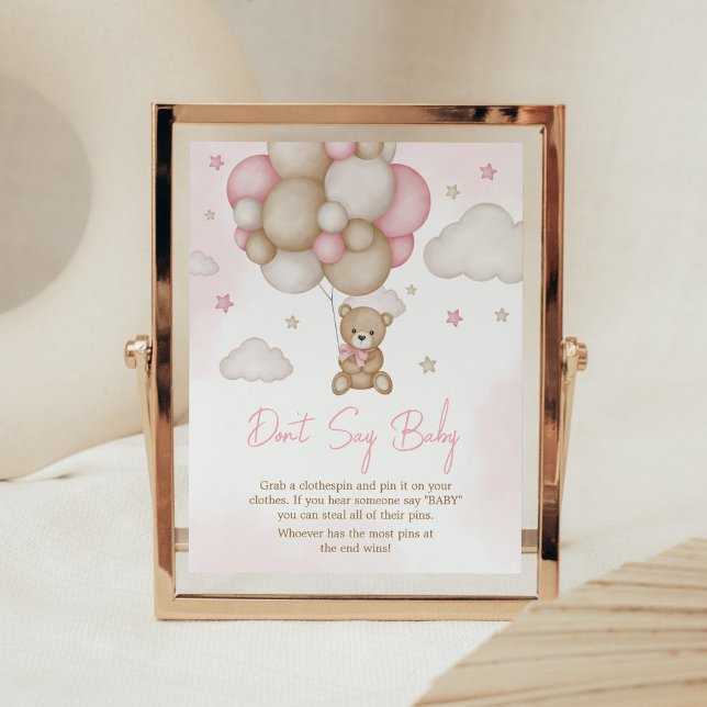 Girl Bear Balloon Baby Shower Don't Say Baby Poster (Pink Boho Bear Balloon Baby Shower Don't Say Baby Sign)