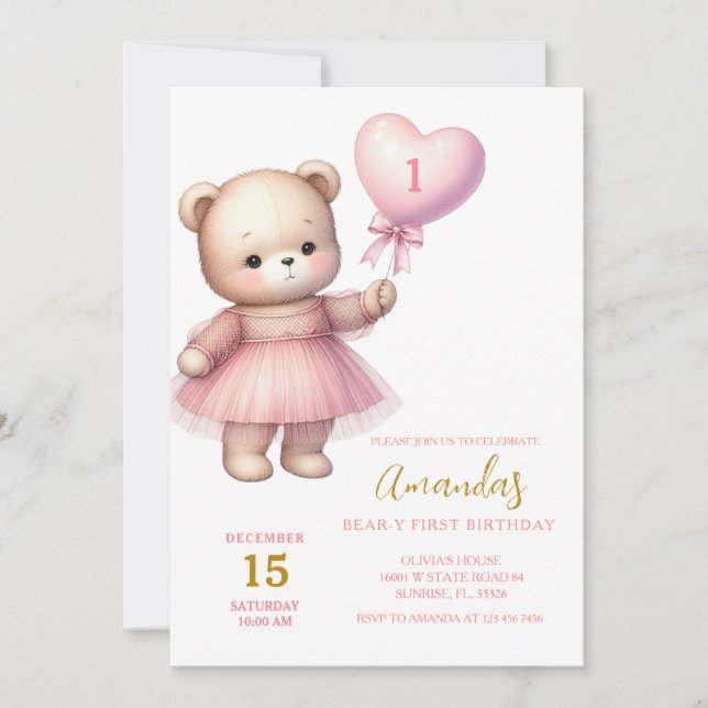 Girl Bear Heart Pink Balloons First Birthday  Invitation (Front)