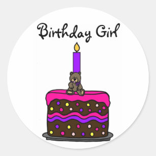 Girl bear on birthday cake - Customized Classic Round Sticker